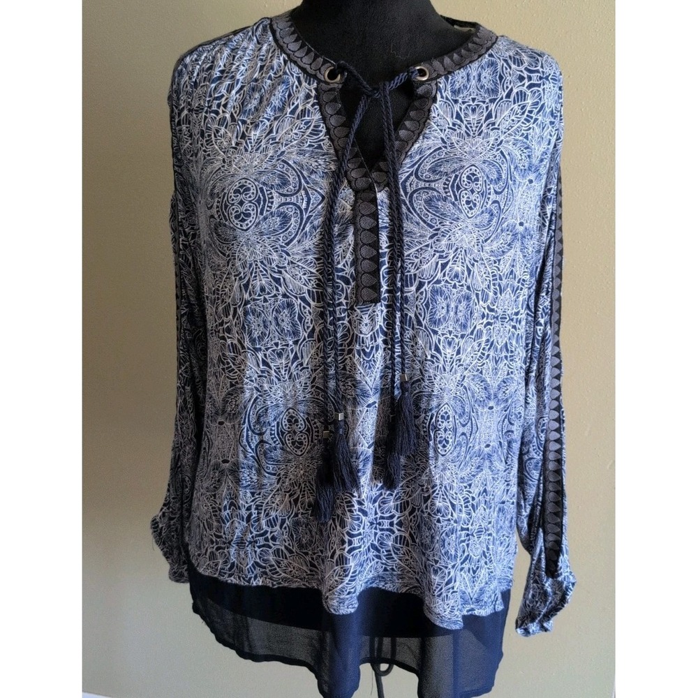 Vintage America Women's Sheer Top Size Med Long Sleeve Blue V- Neck